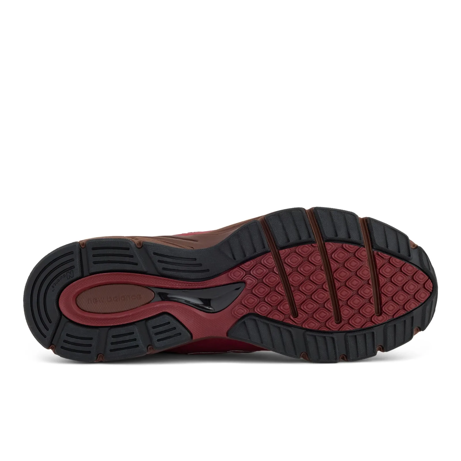 Outsole view, burgundy and brown tread with new balance logo on heel, Monarch Burgundy