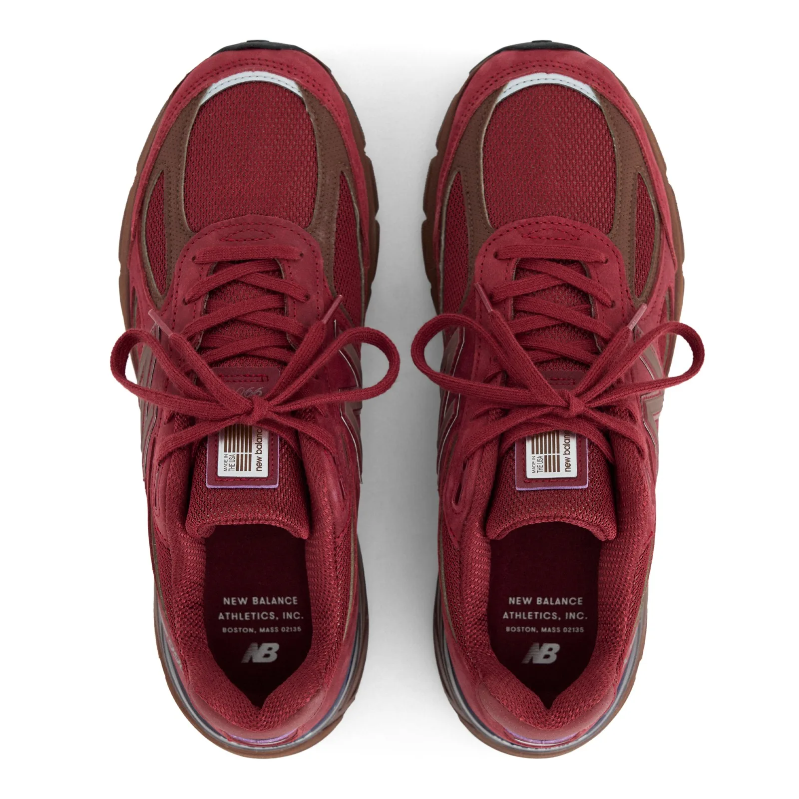 Pair, top-down view showing laces, tongue tags and Boston Mass insole text, Monarch Burgundy