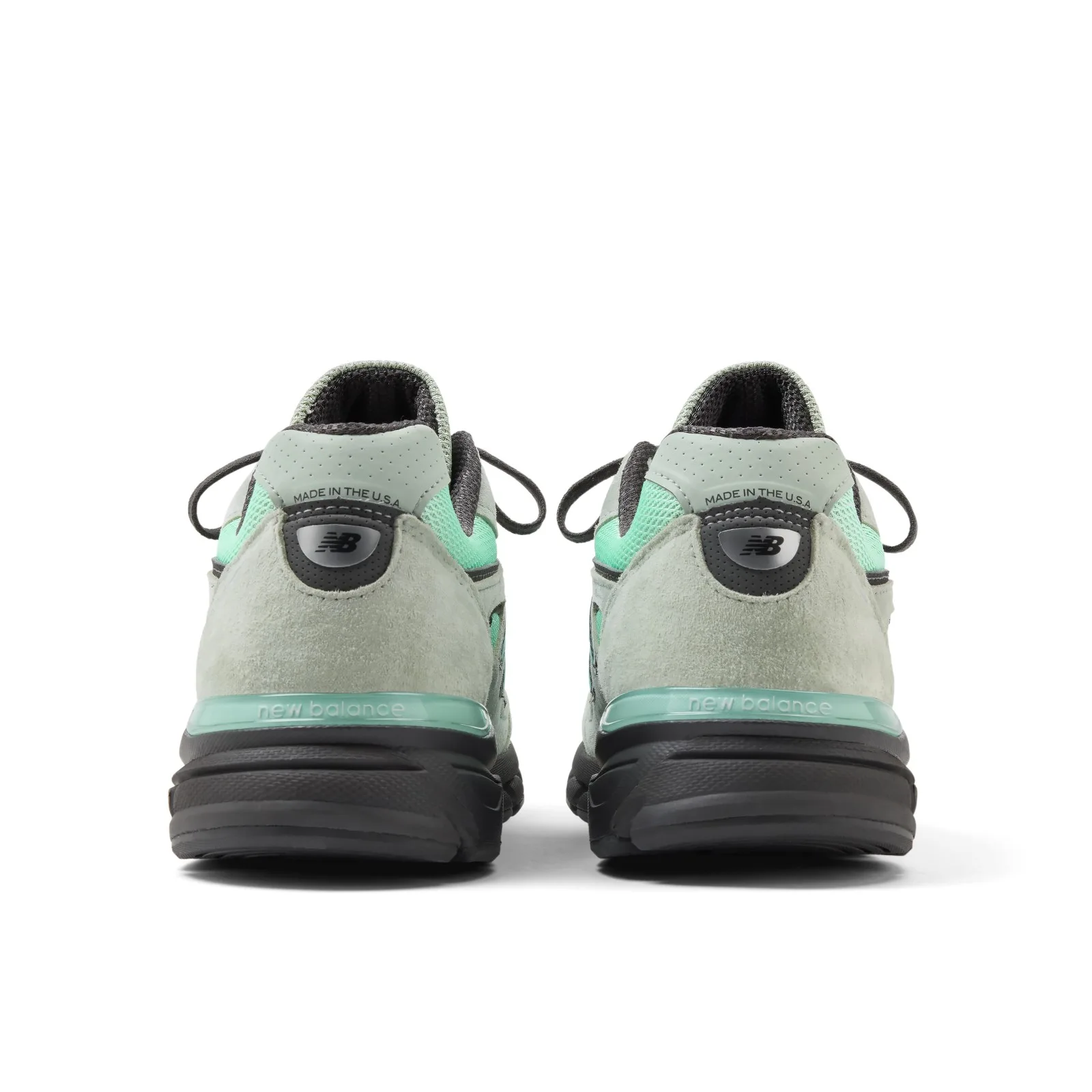 heel view of pair, mint midsole trim, black outsole, made in usa text, Silver Moss/Bright Mint