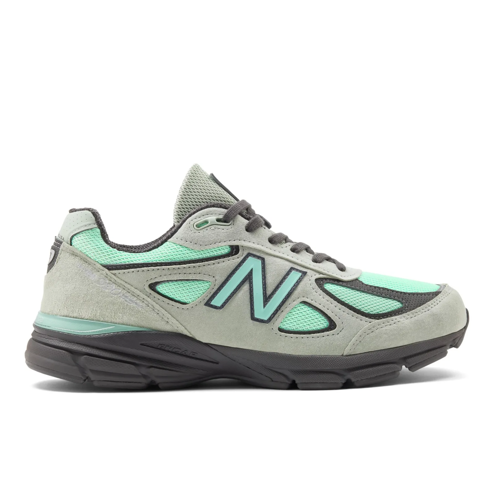 lateral view on white, grey suede toe and heel with mint mesh side panels, Silver Moss/Bright Mint