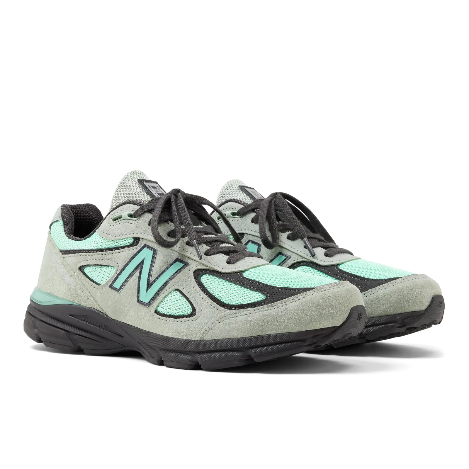 three-quarter view of pair, grey suede and mint mesh with teal N logos, Silver Moss/Bright Mint