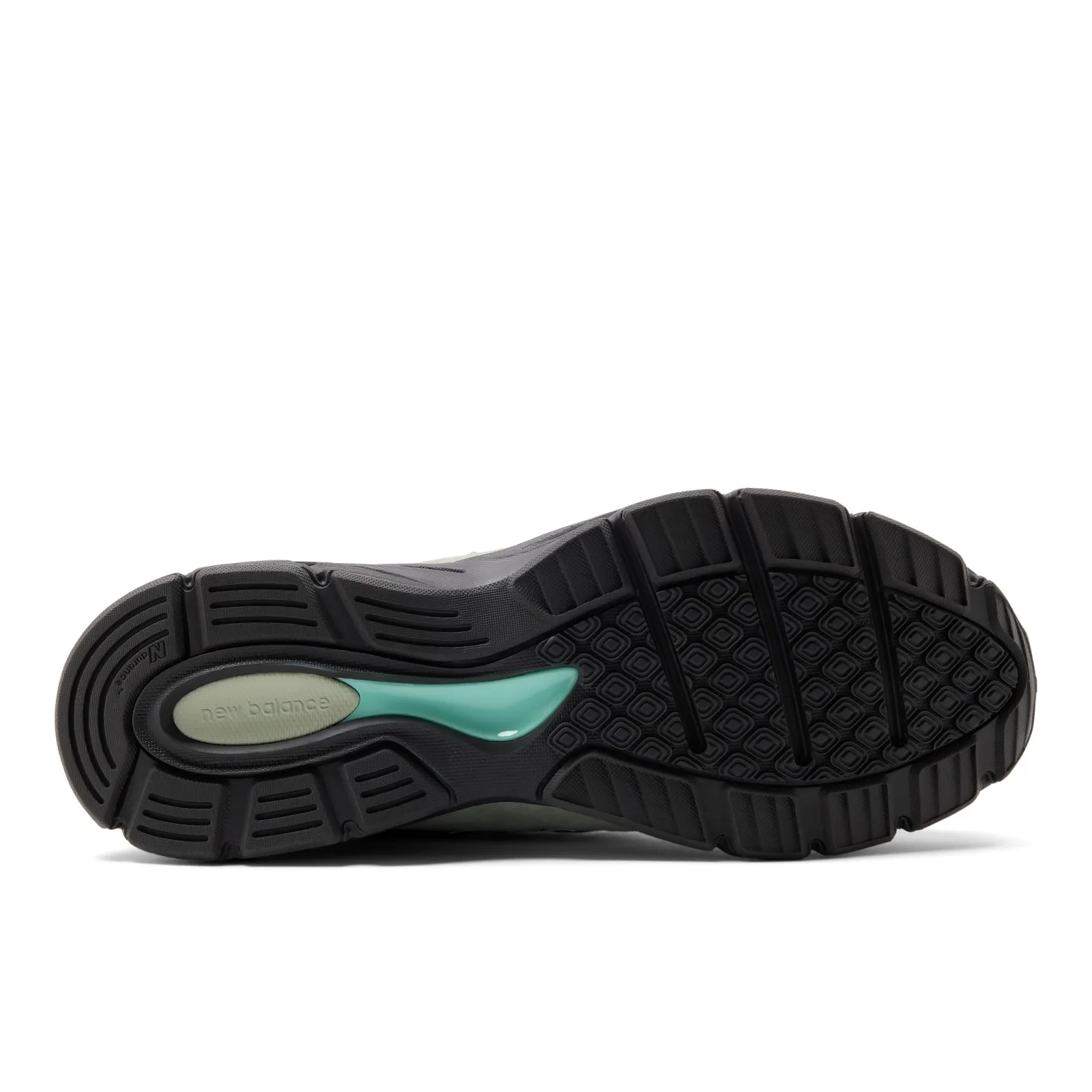 outsole view, black rubber tread with mint blue accent and new balance text, Silver Moss/Bright Mint