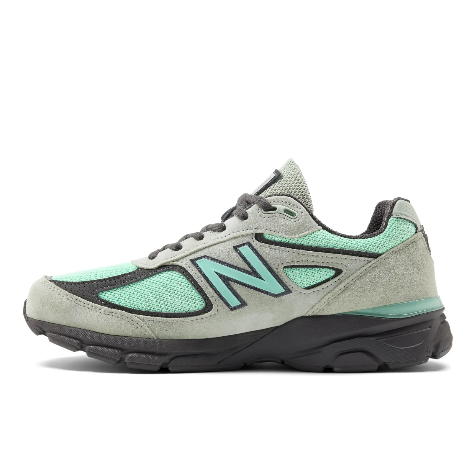 lateral view on white, angled slightly, teal N logo and mint mesh detailing, Silver Moss/Bright Mint