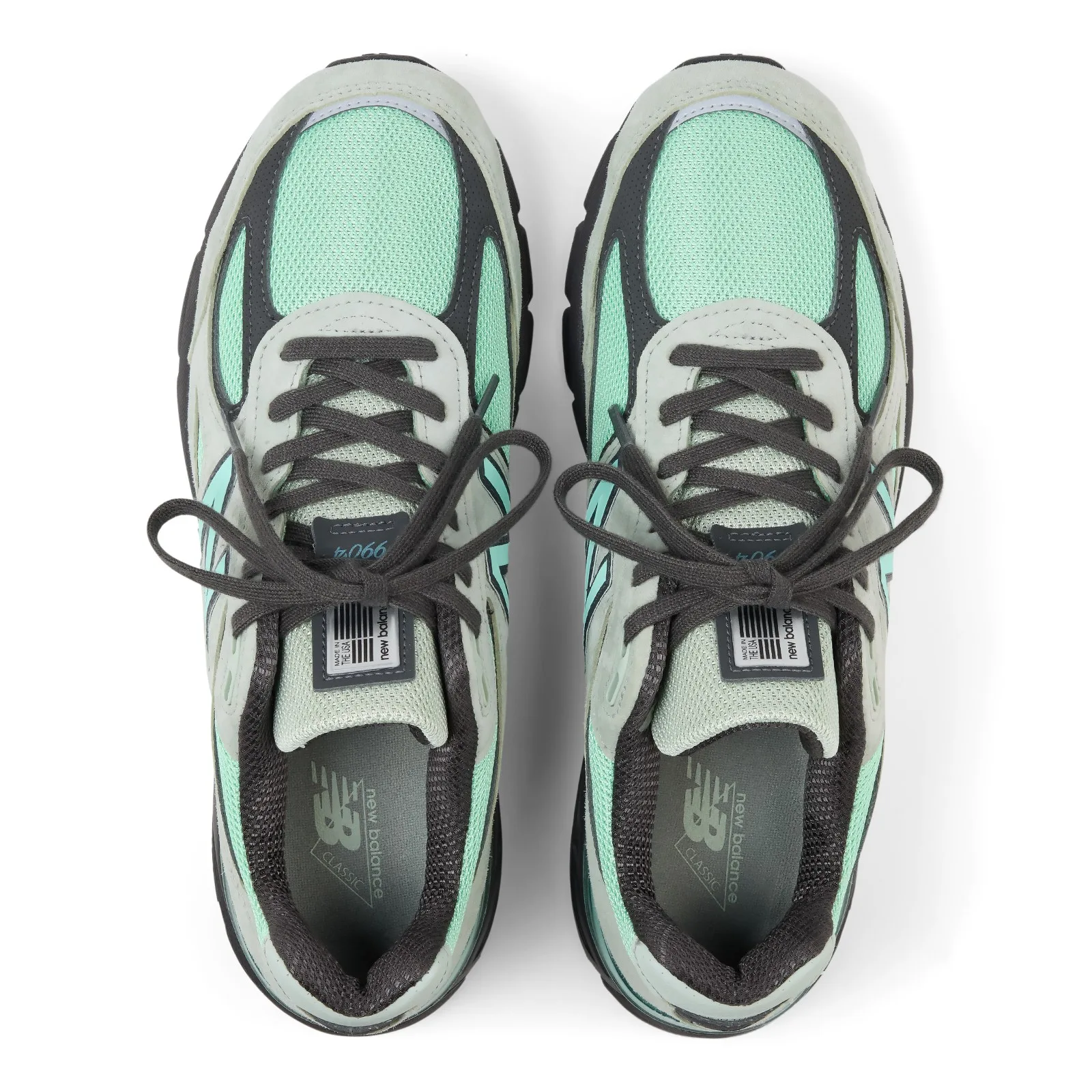 top-down view of pair, grey tongues, mint mesh, loosened dark grey laces, Silver Moss/Bright Mint
