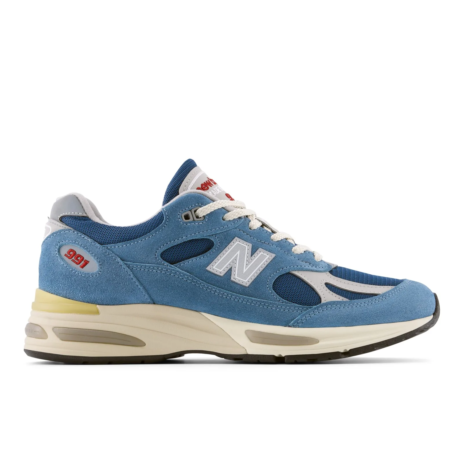 lateral side view, blue suede upper with grey N logo and red 991 badge, Poseidon