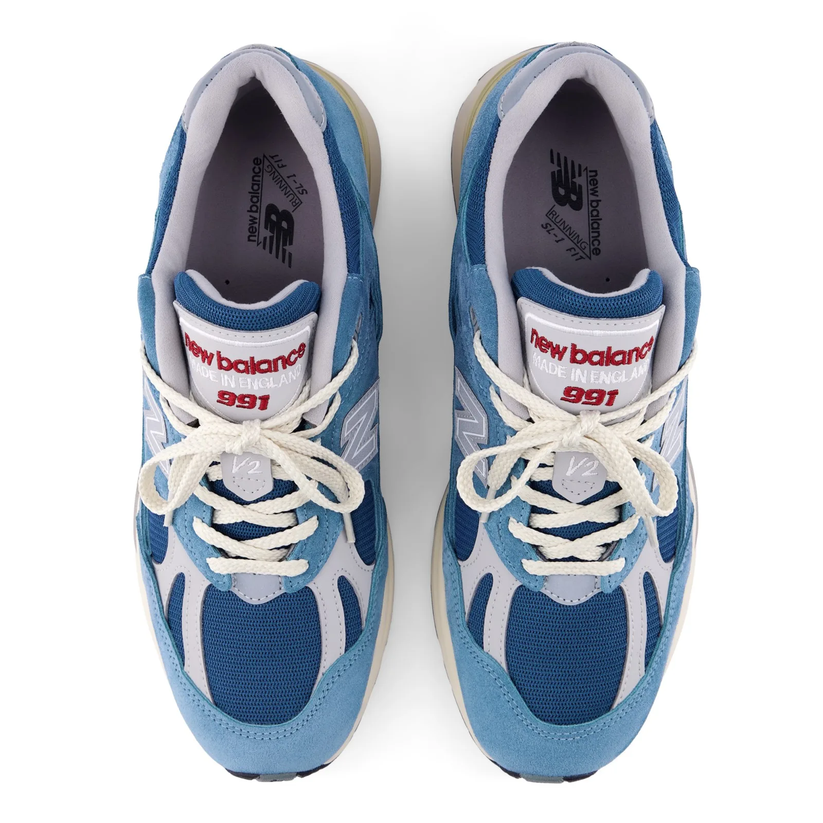 top-down pair view showing red new balance 991 tongue branding and laces, Poseidon