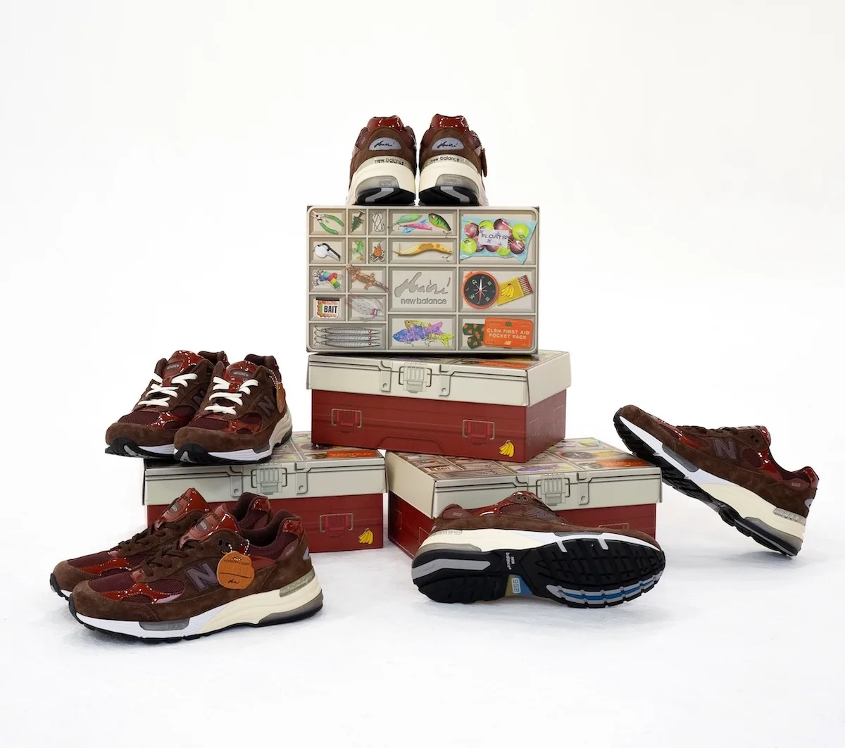 pair perched on stacked tackle-box style boxes with four pairs grouped around, Outdoor School