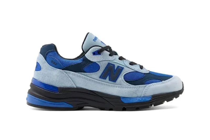 lateral view, light blue suede, navy and royal blue panels, dark navy N logo, Blue Gemstone