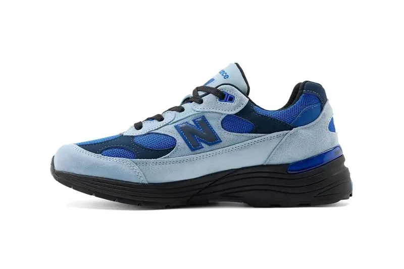 medial view, pale blue suede with navy and blue paneling, black laces, Blue Gemstone