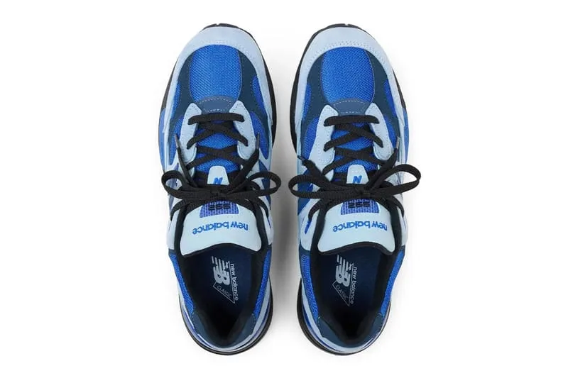 top-down view of pair, light blue and royal blue paneling with black laces, Blue Gemstone