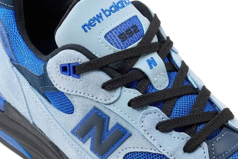 close-up of toe and lacing, new balance 992 tongue tag and navy N logo, Blue Gemstone
