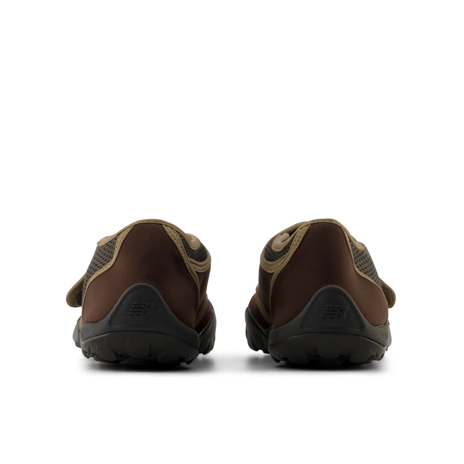 heel view of pair, dark brown collar with tan trim and embossed New Balance logo, Soft Utility