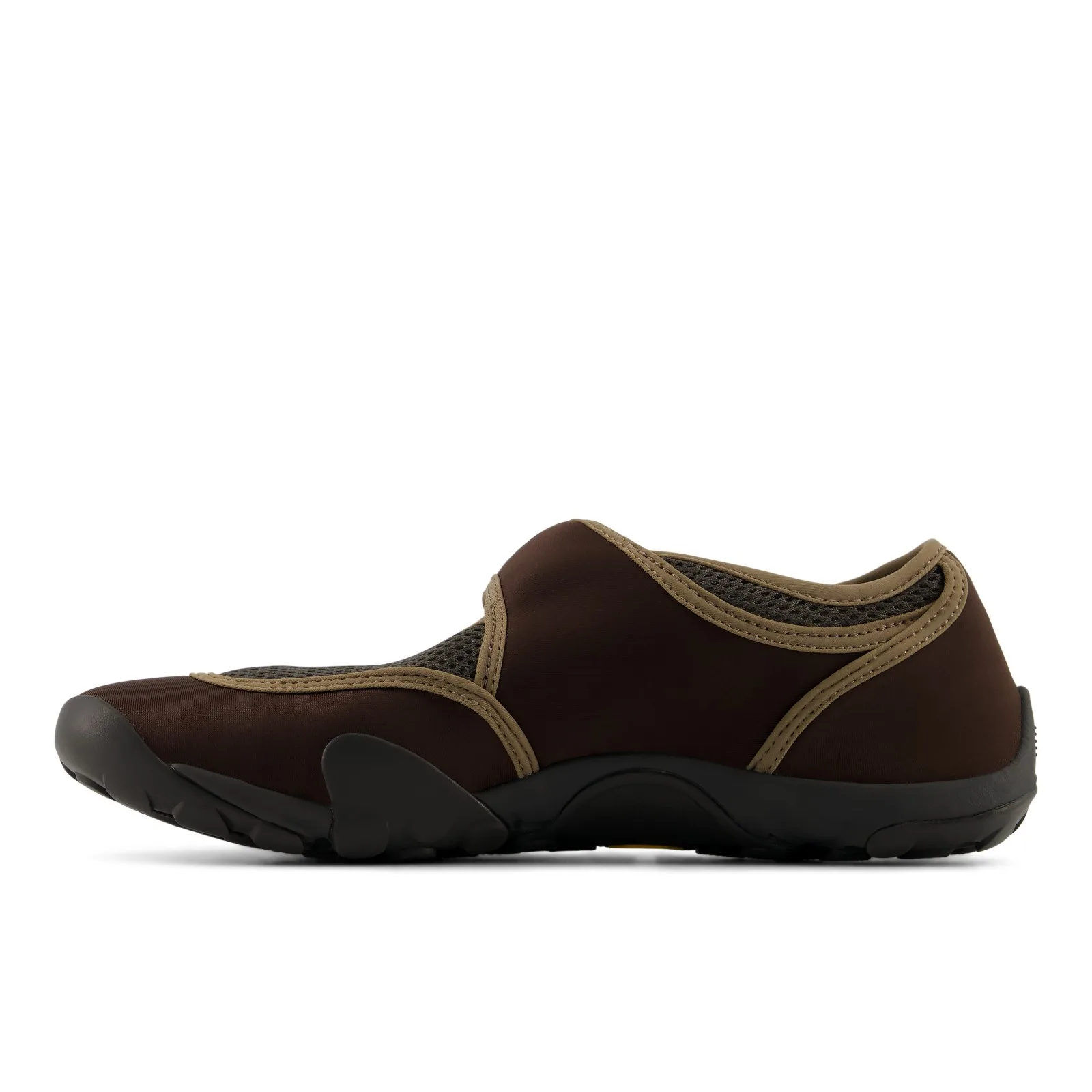 medial side view, brown panels with tan piping and black lugged Vibram outsole, Soft Utility