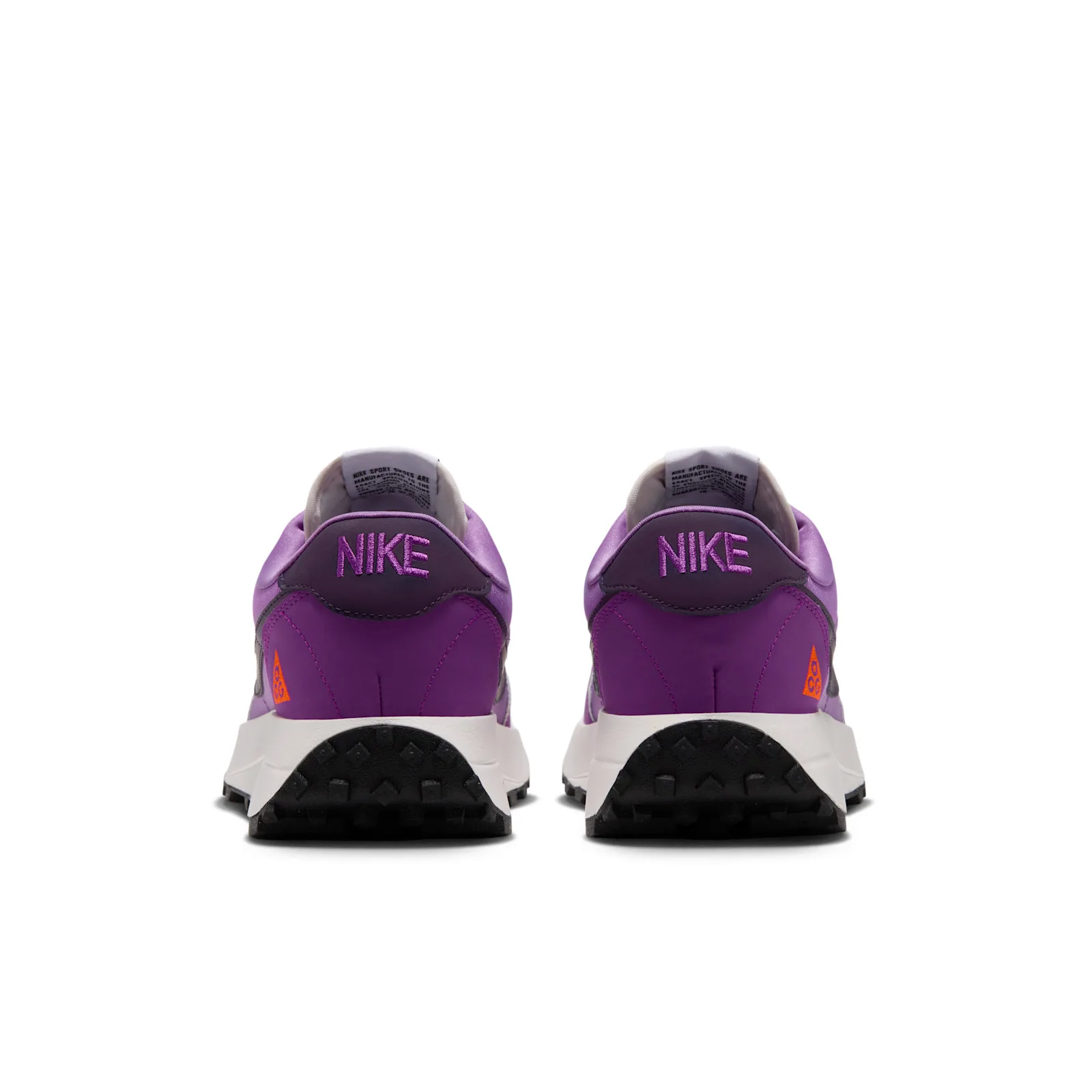 Heel view of pair, purple counters with embroidered NIKE text and ACG logo, Monarch Purple