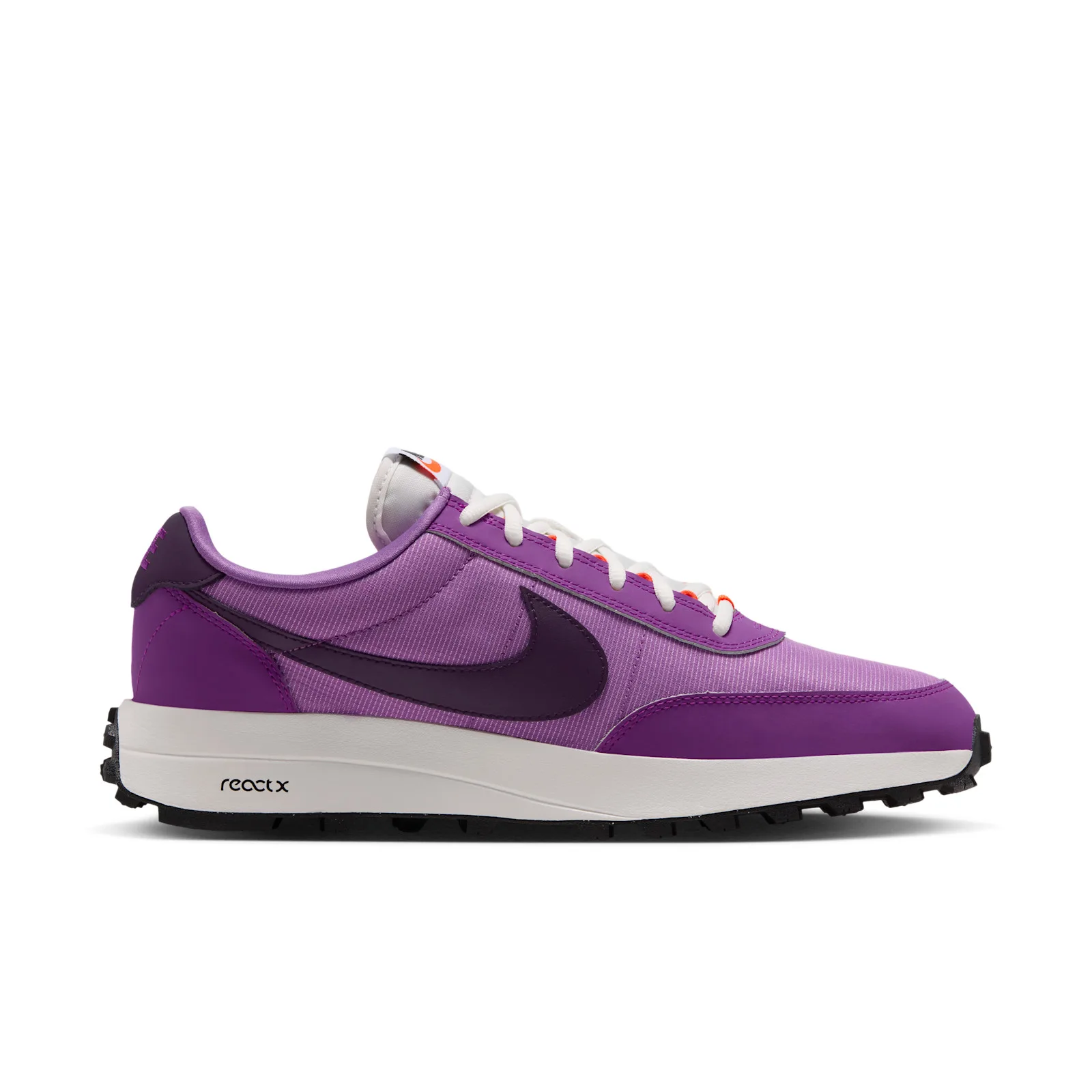Lateral view close-up showing react x text on white midsole, Monarch Purple