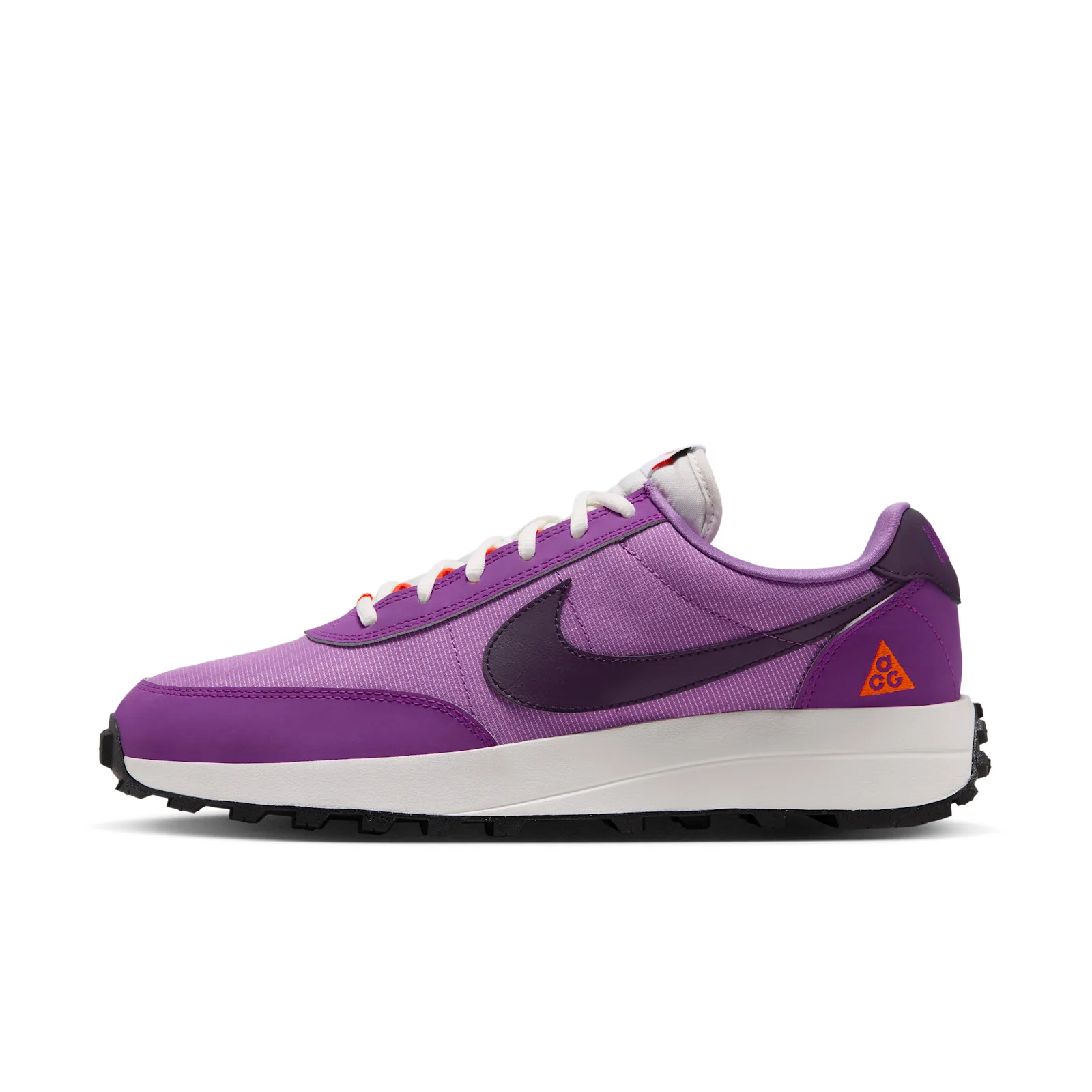 Lateral view, purple ripstop upper with dark plum overlays and white laces, Monarch Purple