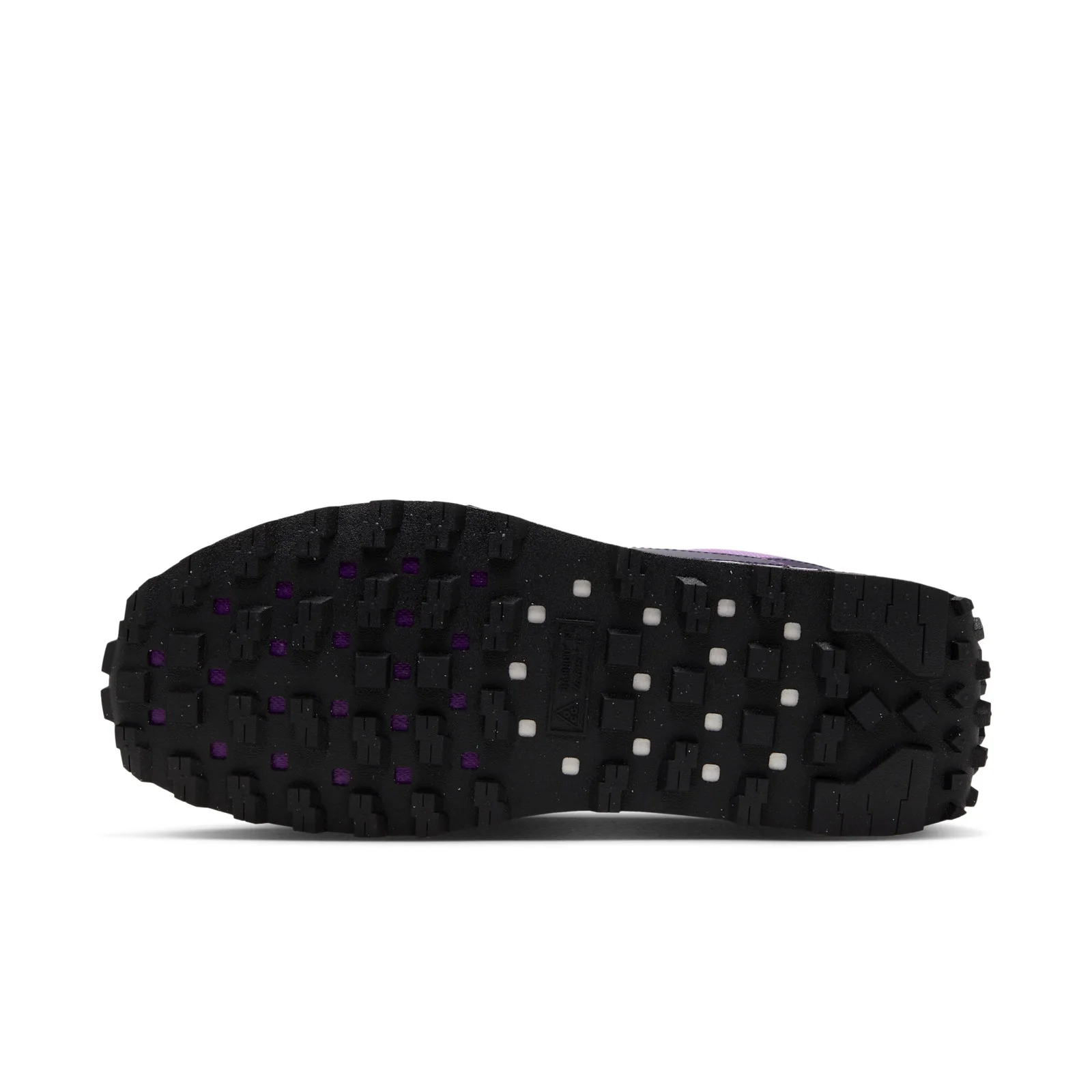 Outsole view, black lugged sole with purple and white tread accents, Monarch Purple