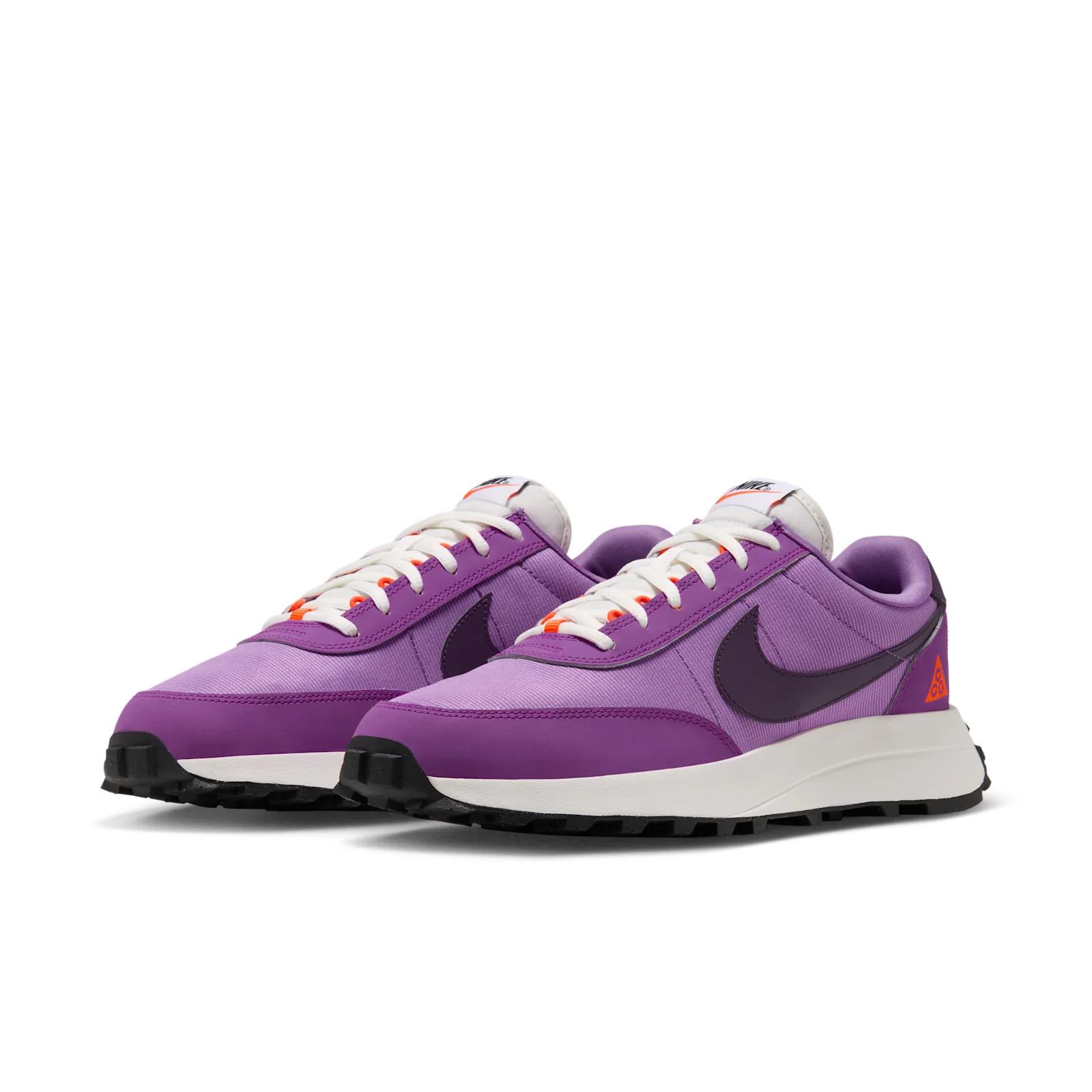Three-quarter pair view, purple uppers with orange ACG triangle logos, Monarch Purple
