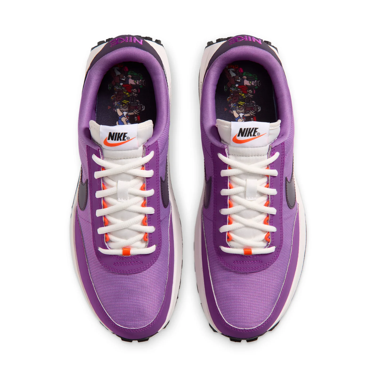 Top-down pair view showing cartoon-print sockliners and white Nike tongue tags, Monarch Purple