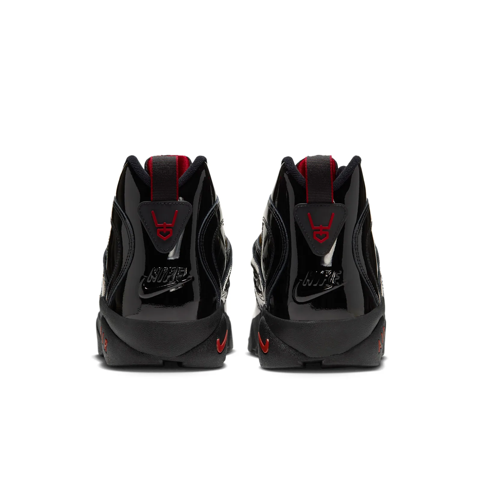 heel view of pair, black patent uppers with red pull tabs and red swoosh on sole, Black Patent