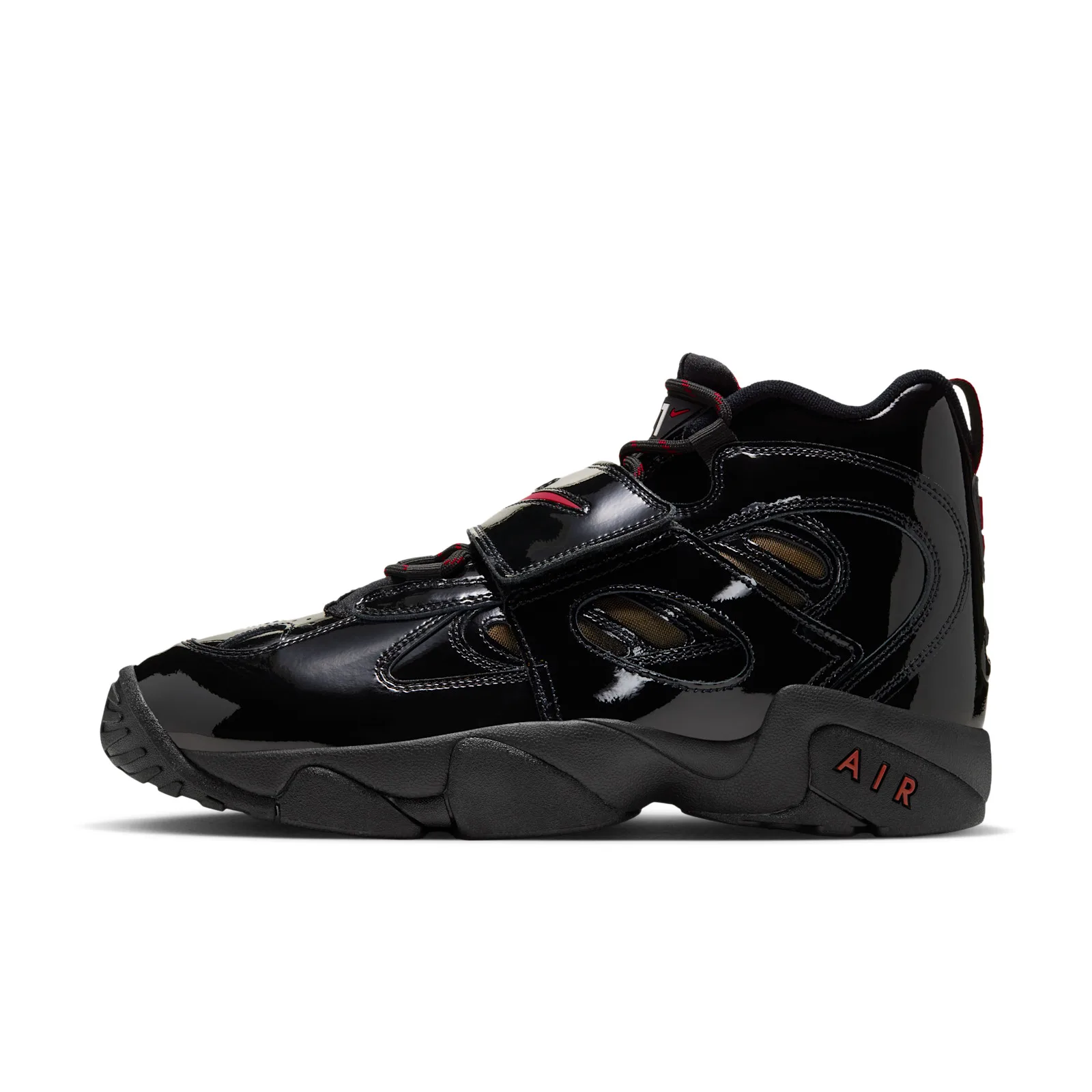 lateral view on white background, black patent finish with red accents and dark gum sole, Black Patent