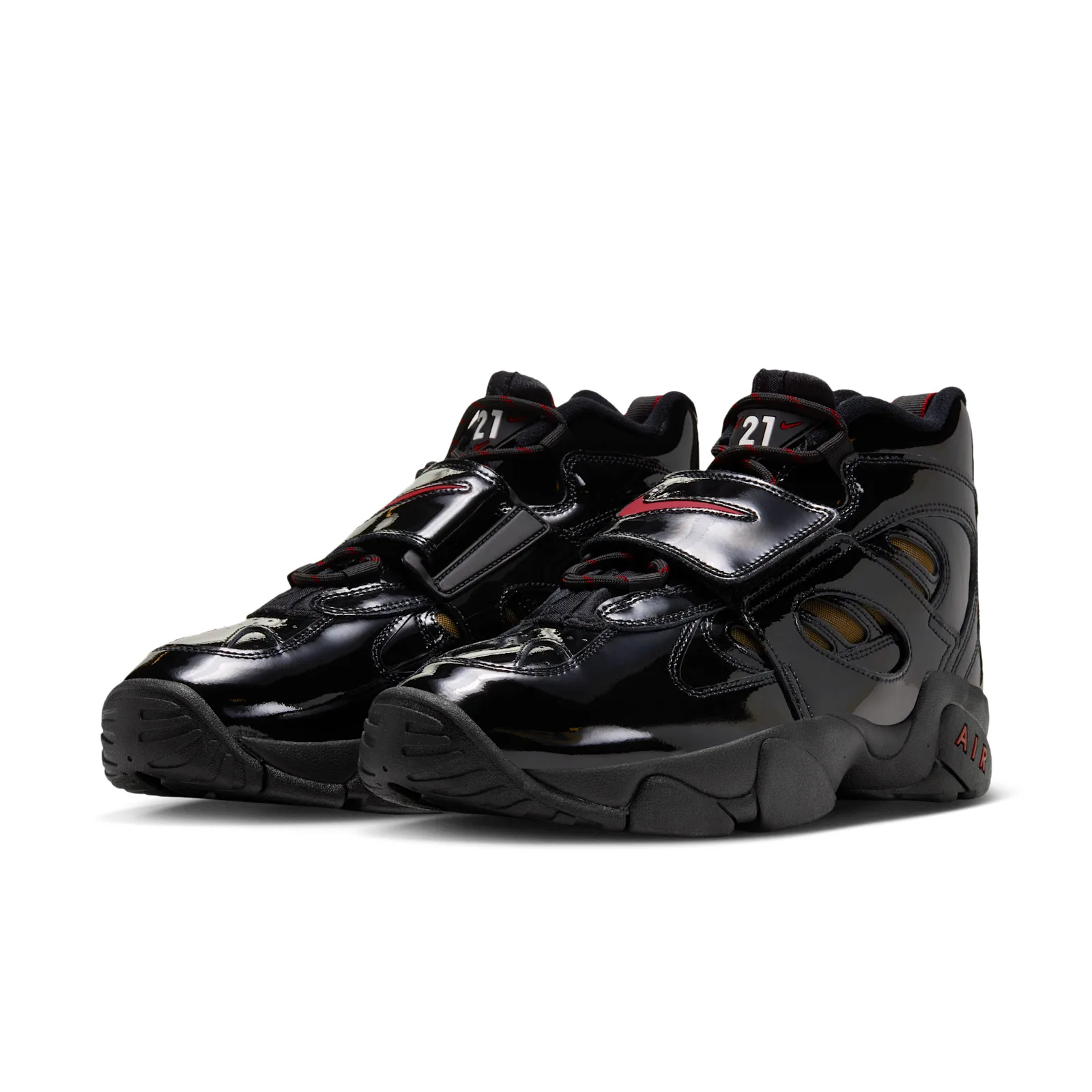 three-quarter pair view, glossy black patent with red 21 tag and red swoosh straps, Black Patent