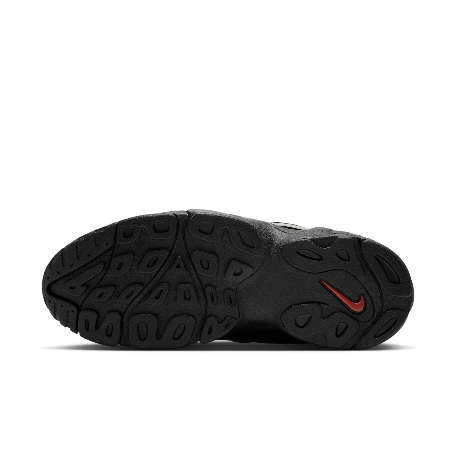 outsole view showing black tread pattern with red swoosh and red AIR text, Black Patent