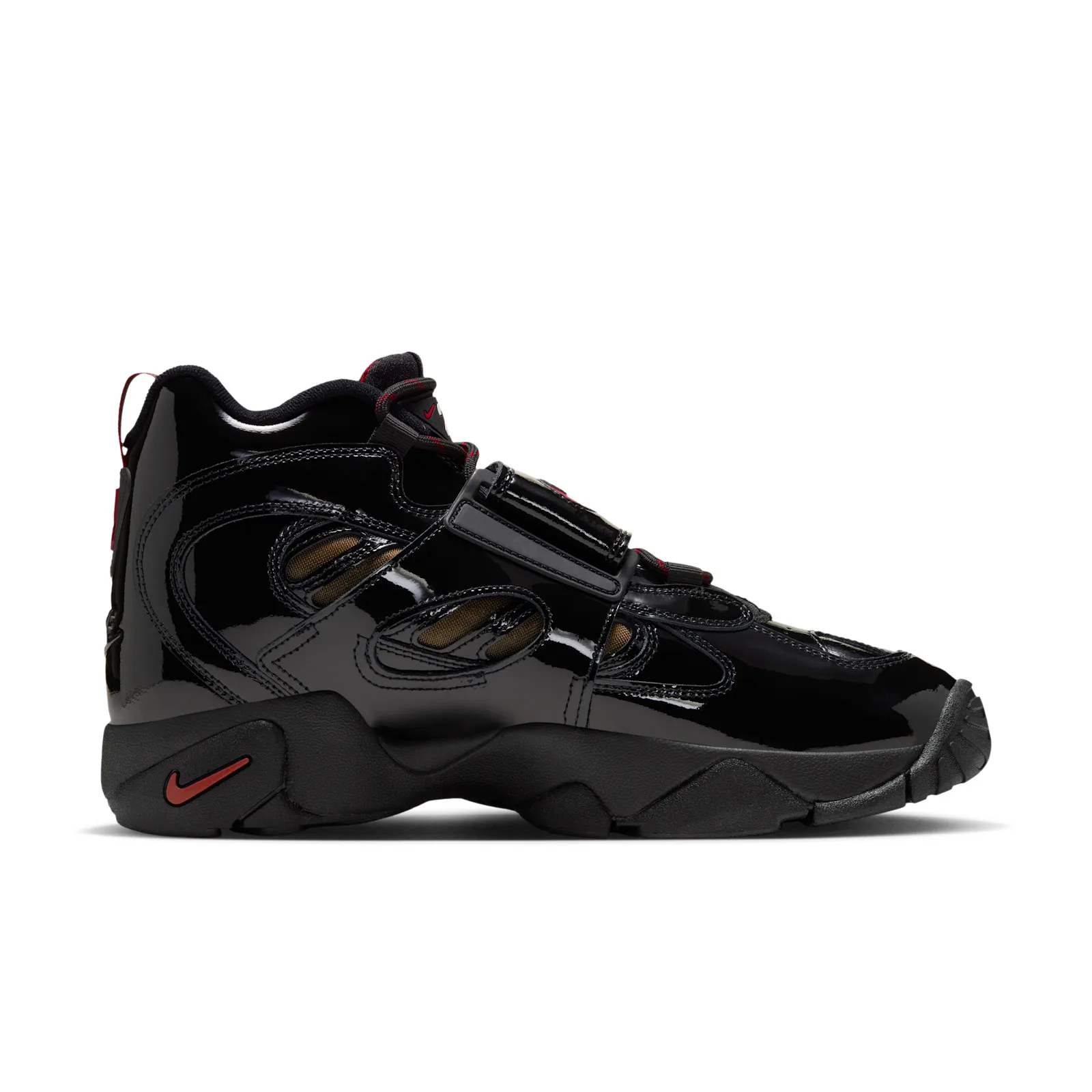 medial view showing black patent panels, red swoosh strap and red stitched accents, Black Patent