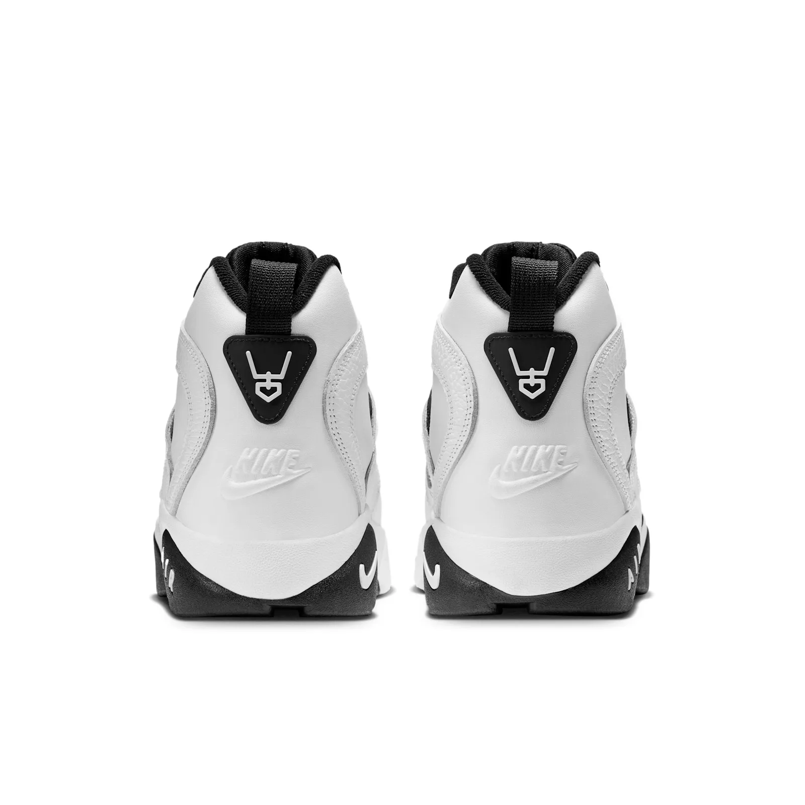 heel view of pair, white counters with embroidered Nike logos and black pull tabs, White/Black