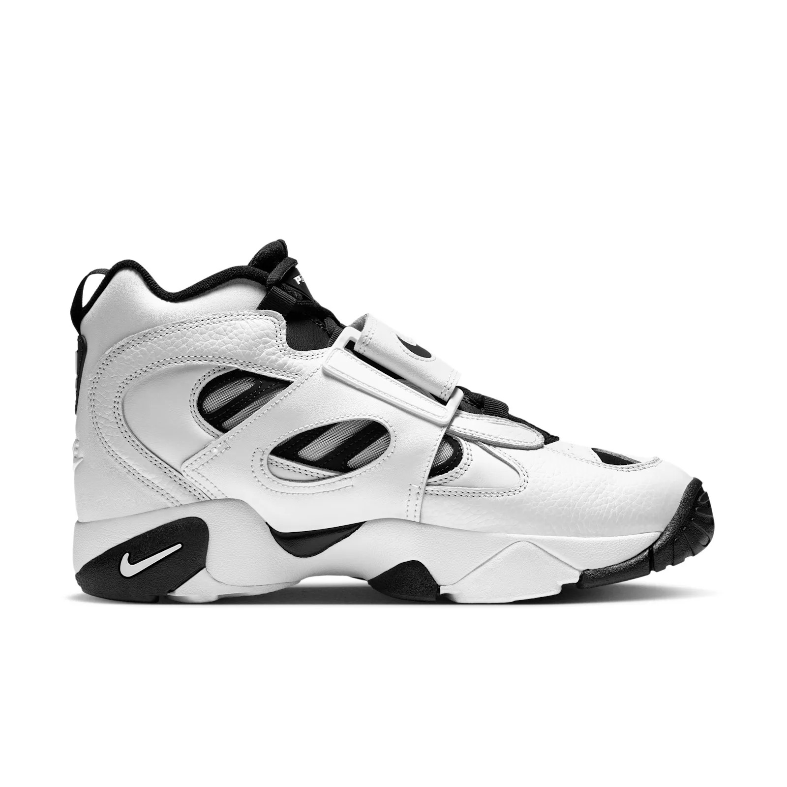 lateral view, toe forward, white upper with black Nike swoosh on heel, White/Black