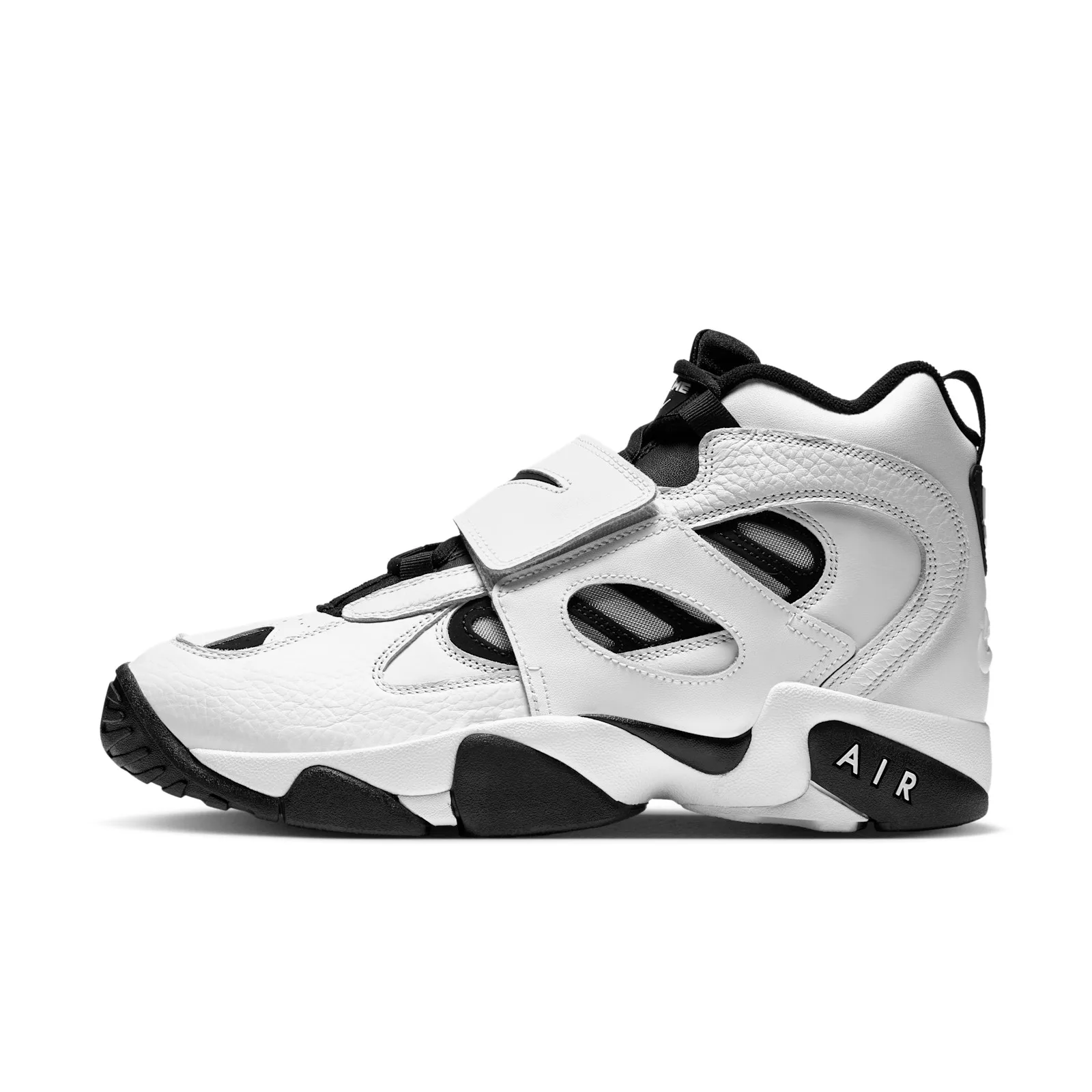 lateral view close-up, white/black paneling with black strap and AIR text on heel, White/Black
