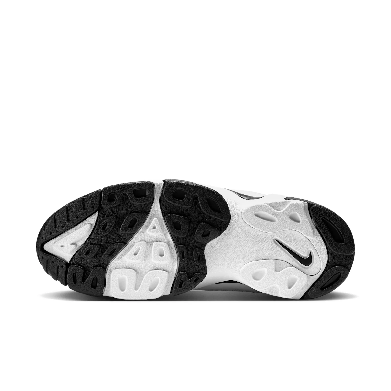 outsole view, white and black tread pattern with Nike swoosh, White/Black
