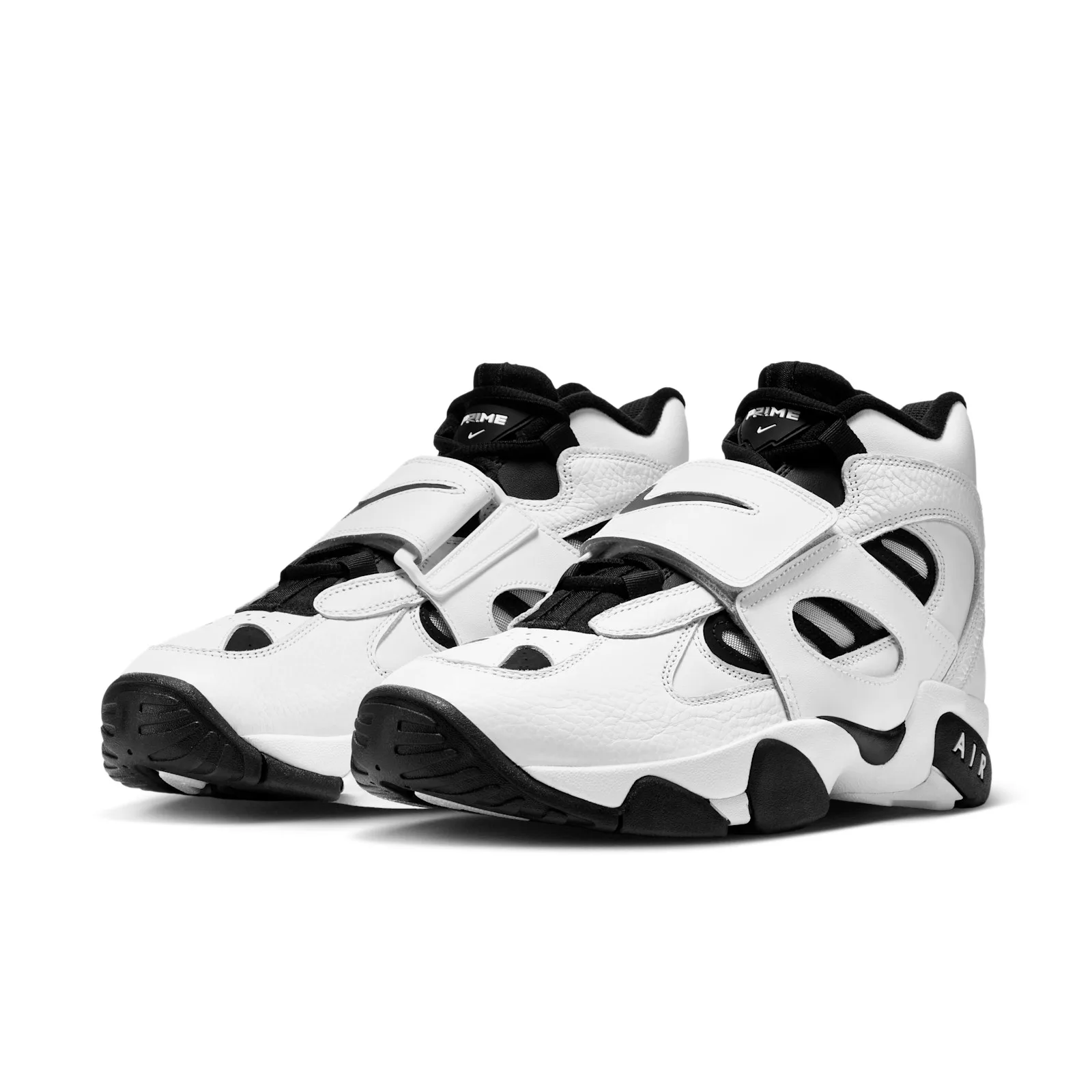 pair, angled front view, white uppers with black straps and PRIME tongue tags, White/Black