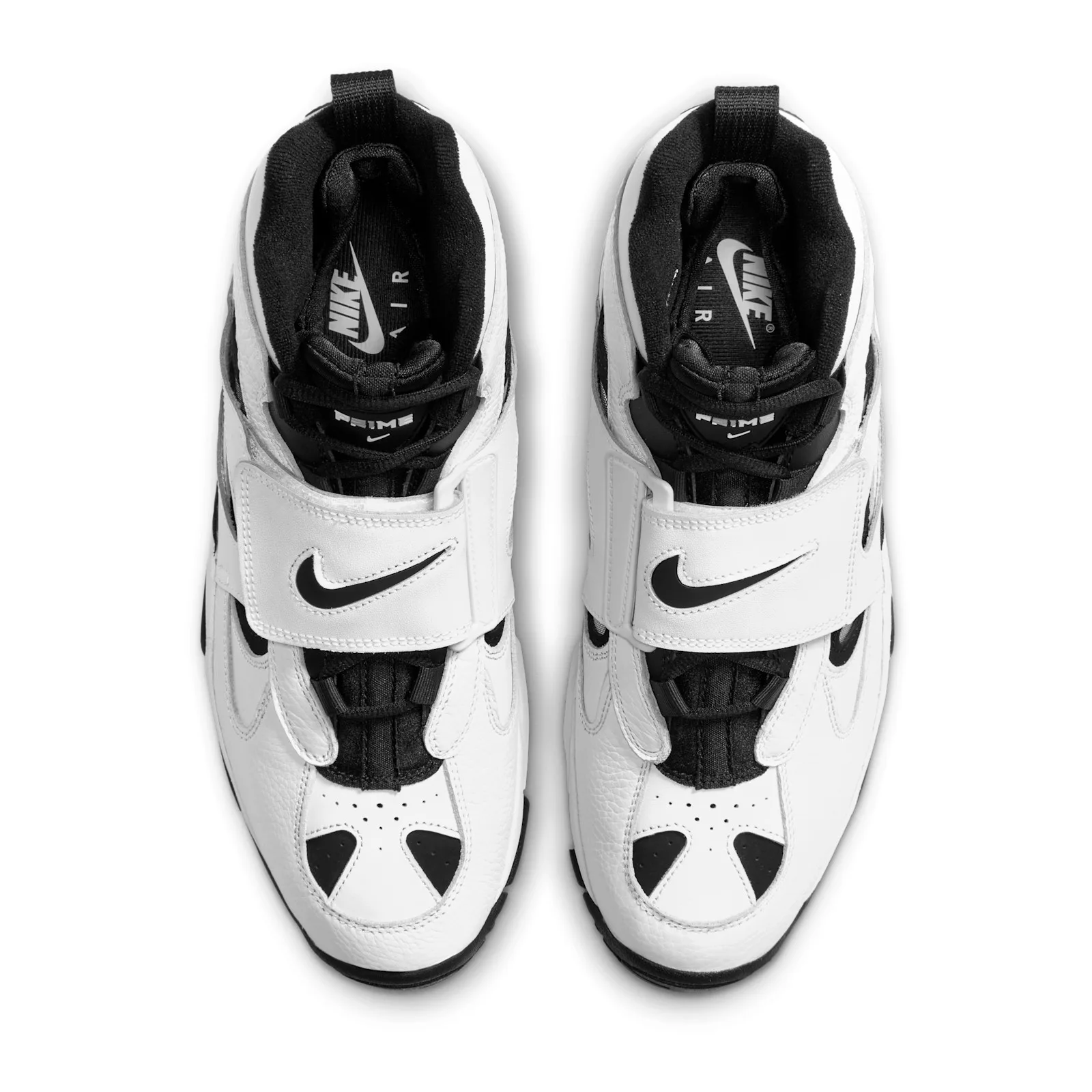 top-down pair view, black tongues with PRIME tags and black laces, White/Black