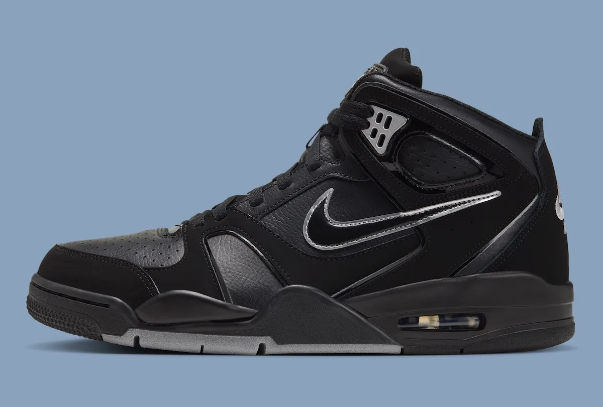 lateral view, black leather upper with metallic silver swoosh outline, Air Flight Falcon