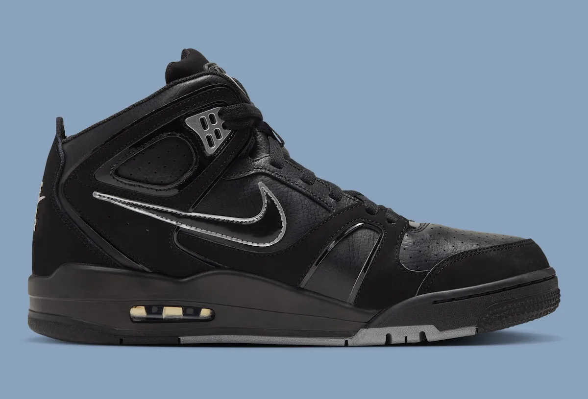 lateral view, black upper with silver swoosh and grey ankle strap detail, Air Flight Falcon