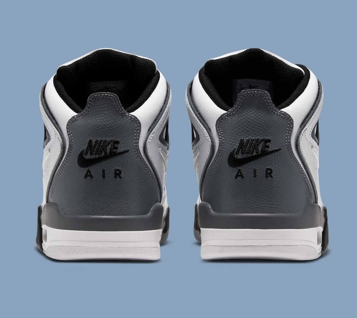 pair, heel view, white and grey upper with embroidered NIKE AIR text, Air Flight Falcon