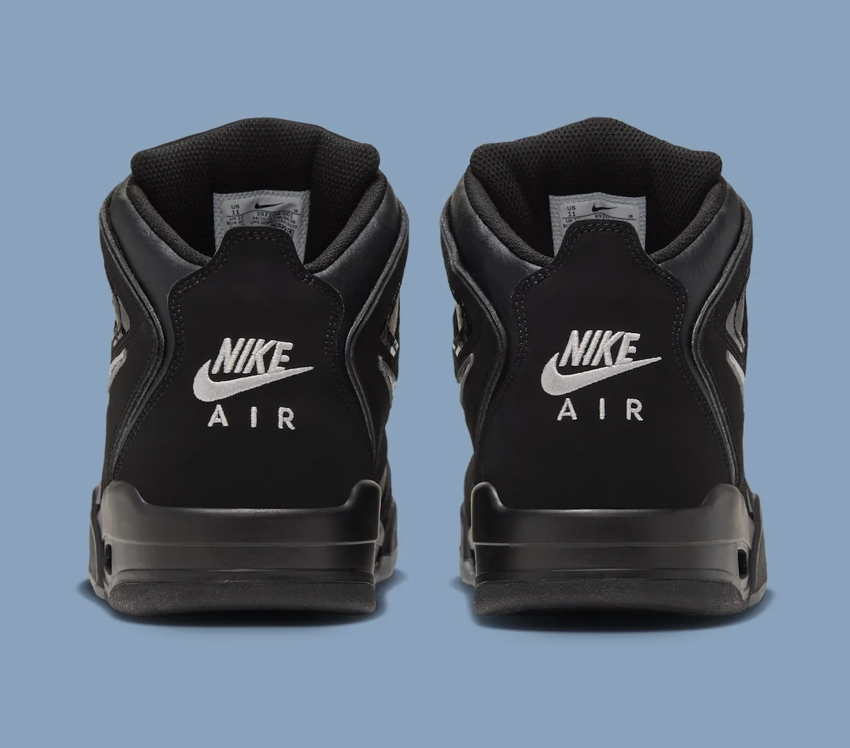 pair, heel view, black leather with embroidered NIKE AIR text and size tag, Air Flight Falcon