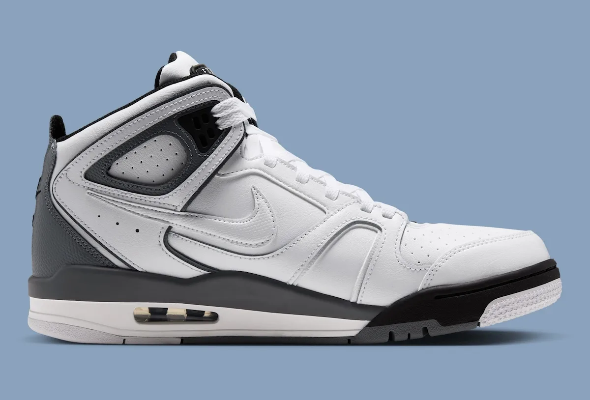 lateral view, white leather upper with black midsole and grey heel counter, Air Flight Falcon