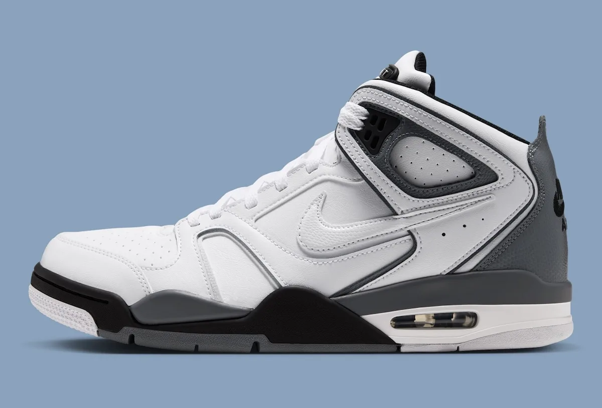 lateral view, white leather upper with black toe cap and dark grey heel panel, Air Flight Falcon