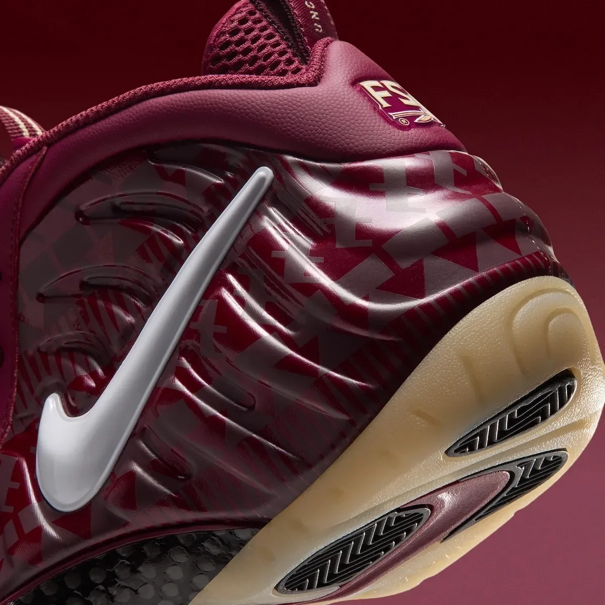 close-up of heel and lateral swoosh showing tonal pattern and gum midsole, FSU