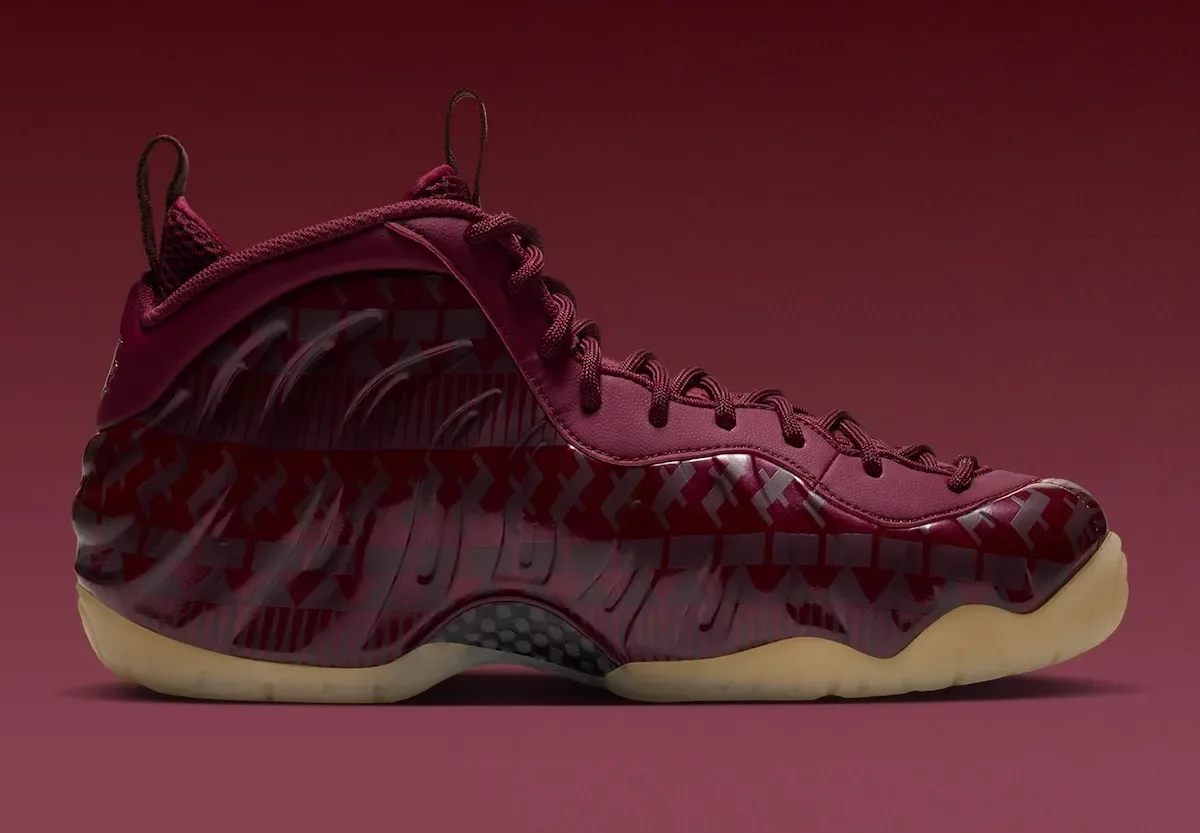 medial side view, maroon shell with tonal geometric pattern and gum outsole, Nike Air Foamposite Pro “FSU”