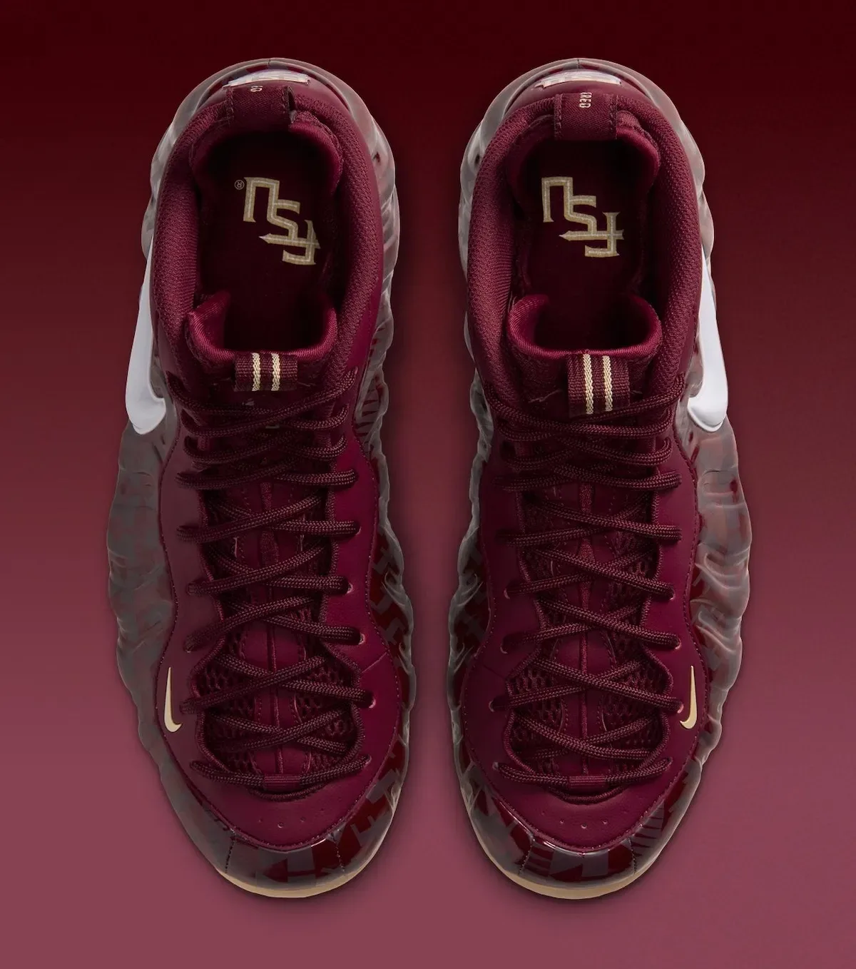 top-down pair view showing tongues with gold FSU wordmark and white swooshes, FSU
