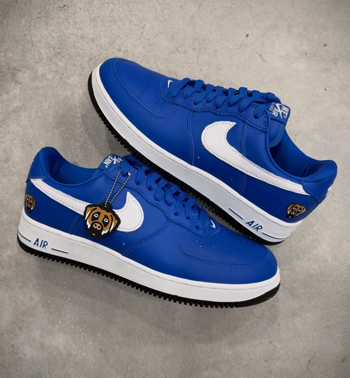 lateral pair in blue leather with white swoosh and dog charm on laces, Victor Victor Collection