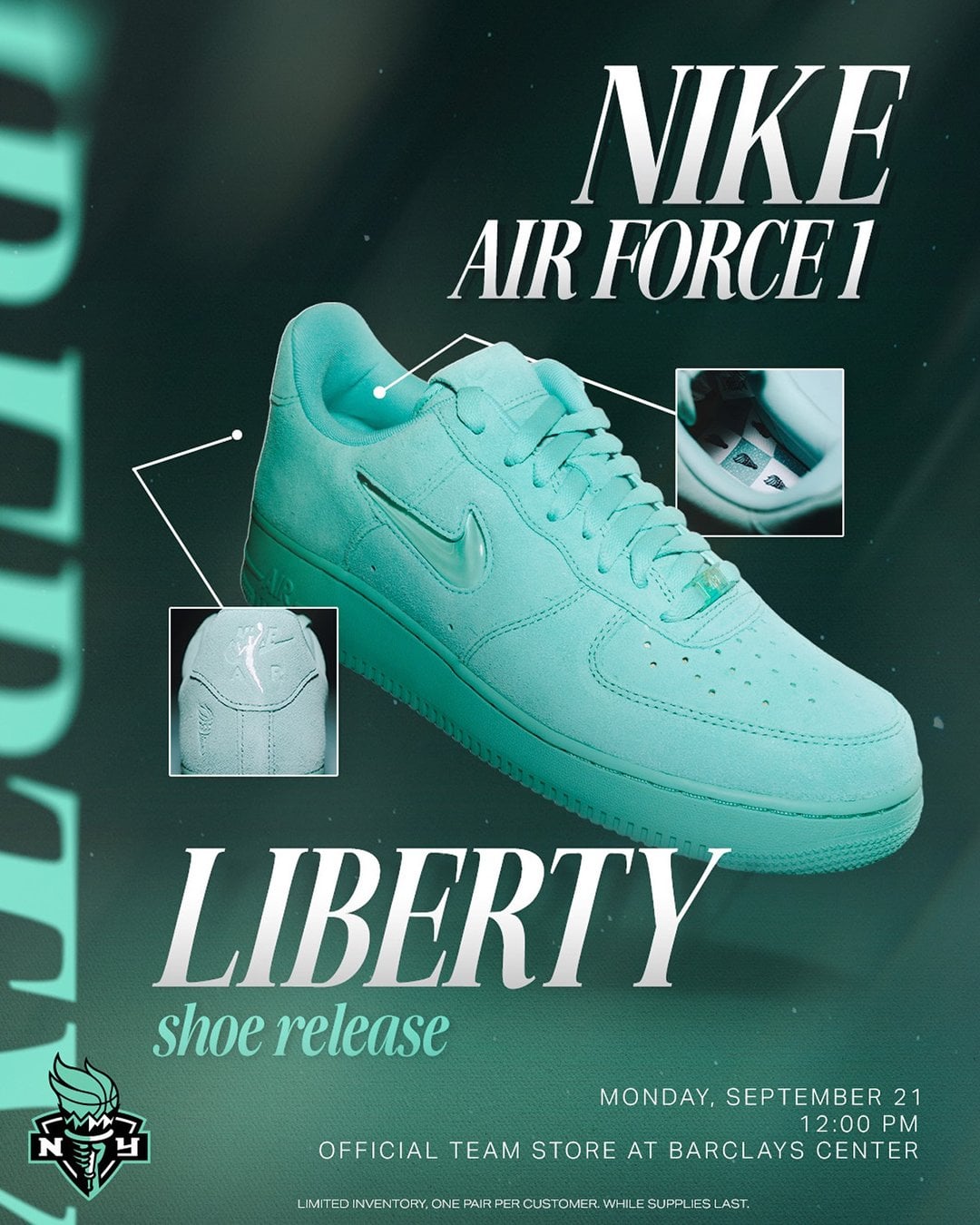 Lateral view of mint suede sneaker, detail insets, release date and team logo overlay, 1 Jewel Liberty