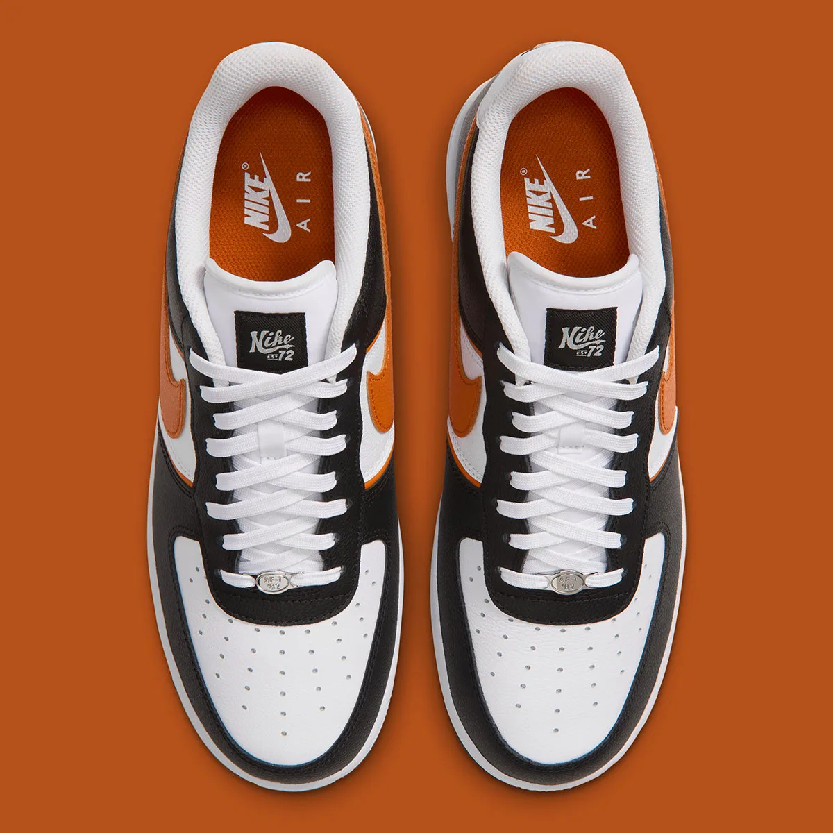 top-down pair view showing orange insoles and Nike Air text inside, Campfire Orange