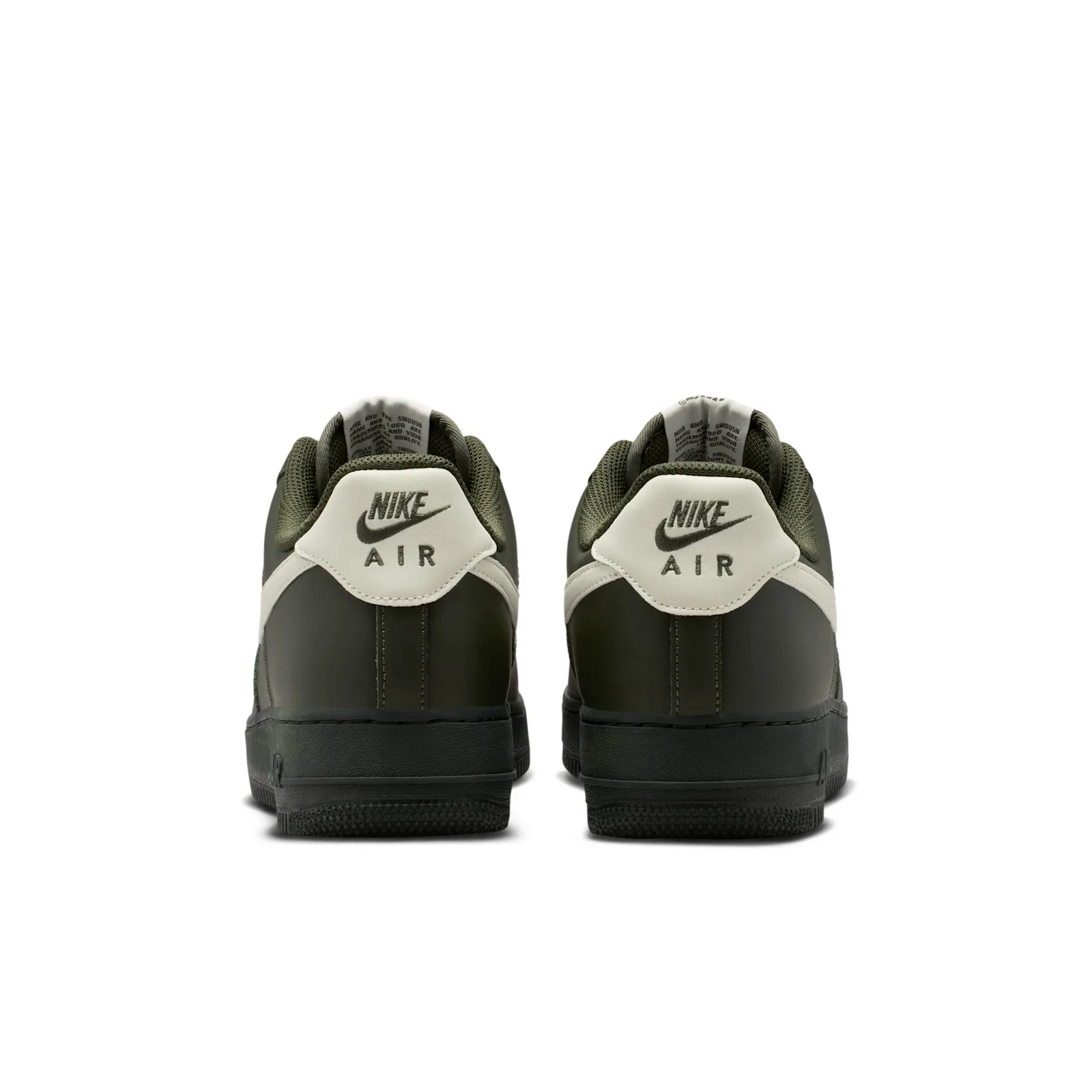 Heel view of the pair, olive green with cream Nike Air heel patches, Cargo Khaki