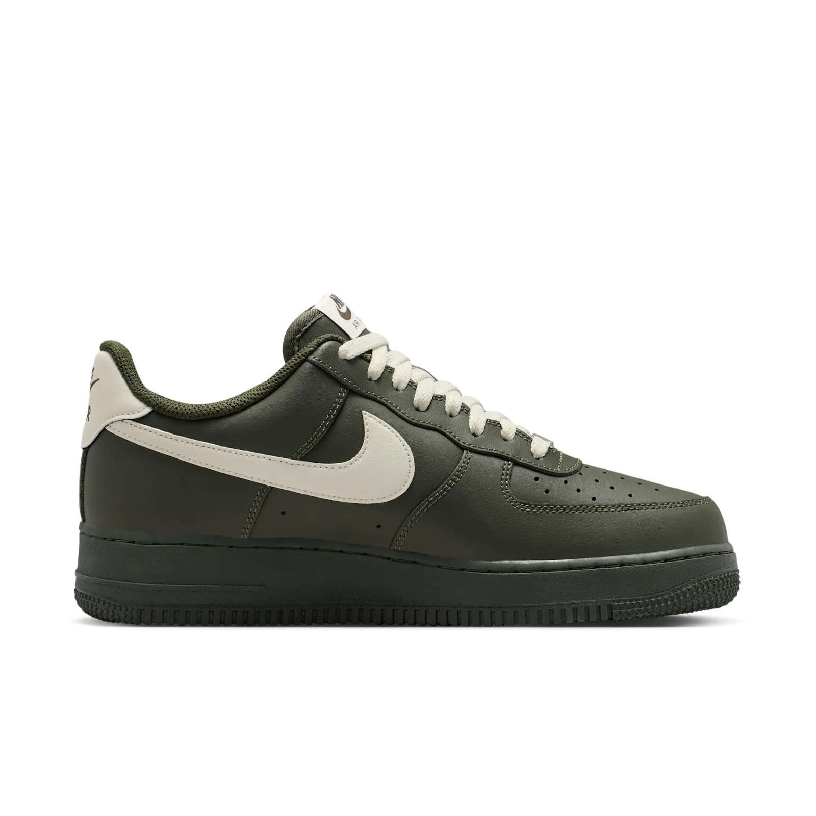 Lateral view from the toe, olive green upper with cream Swoosh and tab, Cargo Khaki