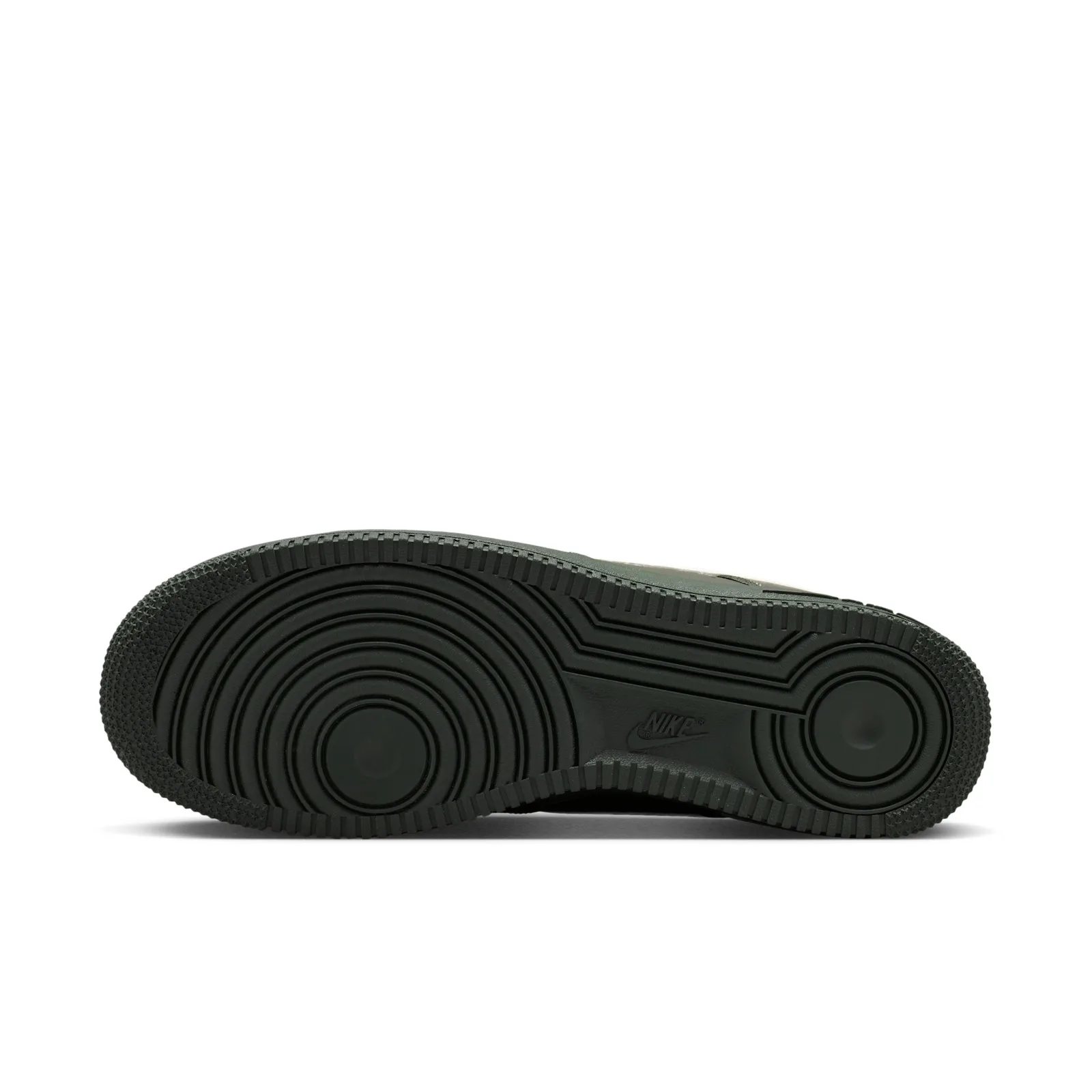 Outsole view, olive green rubber sole with Nike logo and circular tread, Cargo Khaki