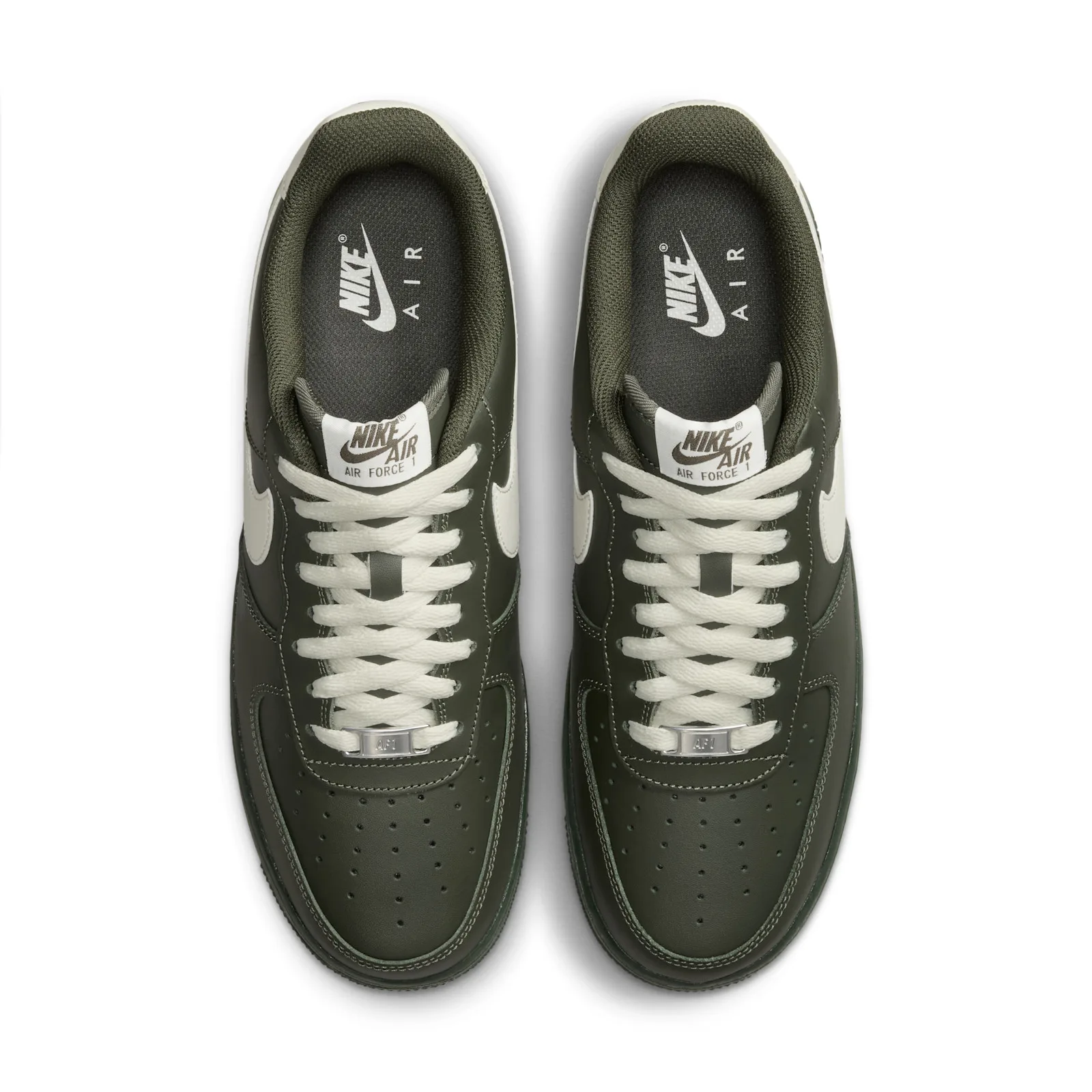 Top-down view of the pair, olive laces and cream Air Force 1 tongue tags, Cargo Khaki